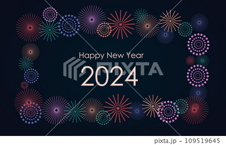 fireworks and balloons on a dark background, text "Happy New Year 2024". Flat design. 109519645