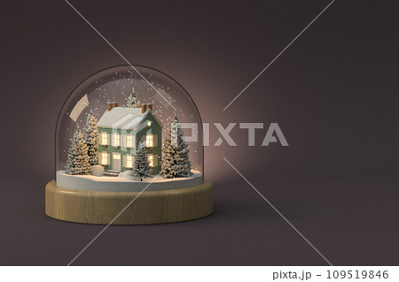 Christmas snow globe on white with house and tree inside 3D illustration Christmas snow globe on white with house and tree inside 3D illustration 109519846