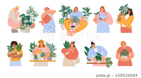 Girls takes care houseplants. Young woman watering interior indoor green plants in pot. Lady growing home potted flowers in pots. Vector set Girls takes care houseplants. Young woman watering interior indoor green plants in pot. Lady growing home potted flowers in pots. Vector set 109520084