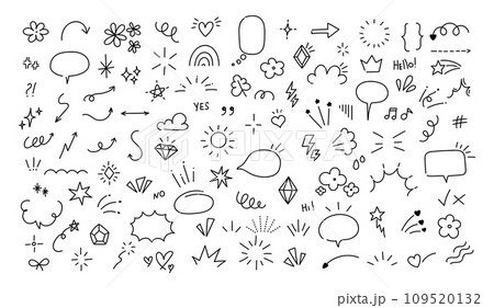 Sketch pen design elements. Doodle simple brush stickers. Hand drawn speech bubble, decorative signs, emotion effects icon. Stars, arrow, sparkle, line shape. Vector set Sketch pen design elements. Doodle simple brush stickers. Hand drawn speech bubble, decorative signs, emotion effects icon. Stars, arrow, sparkle, line shape. Vector set 109520132