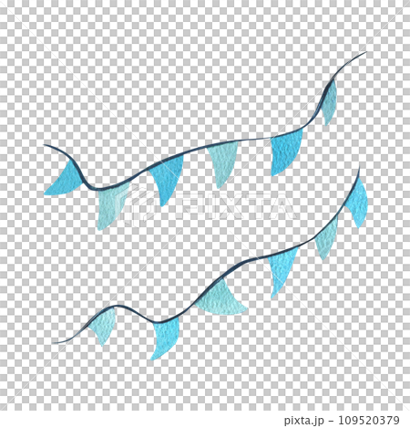 Garlands with flags blue, turquoise, triangular. Watercolor illustration hand drawn in children's style. Set of isolated elements on a white background 109520379