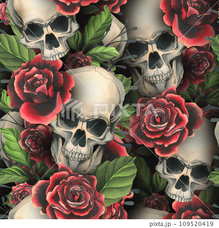 Human skulls realistic with black and red roses, green leaves and black branches. Hand drawn watercolor illustration. Dark, creepy seamless pattern for decoration and design of background. 109520419