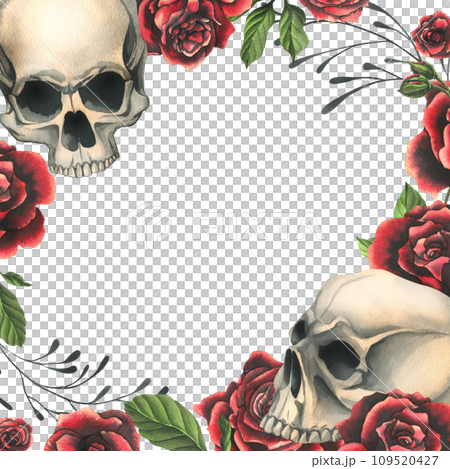 Human skulls realistic with black and red roses, green leaves and black branches. Hand drawn watercolor illustration. Creepy frame, template for decoration and design on a white background 109520427