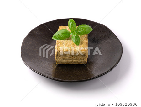 Tofu Cheese Isolated, Smoked Vegan Cheese Slice, Sliced Soya Bean Curd, Soy Protein or TSP 109520986