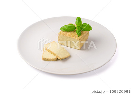 Tofu Cheese Isolated, Smoked Vegan Cheese Slice, Sliced Soya Bean Curd, Soy Protein or TSP 109520991