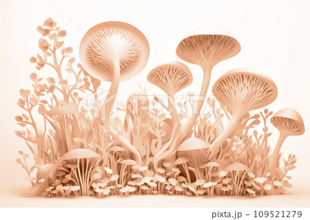 AI-generated content. 3D rendering of paper-cut plants and mushrooms in peach color. 109521279