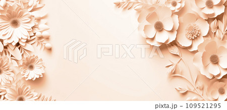 AI-generated content. 3D rendering of paper-cut plants and flowers on a background. Space for copying. The copy space is peach-colored. AI-generated content. 3D rendering of paper-cut plants and flowers on a background. Space for copying. The copy space is peach-colored. 109521295