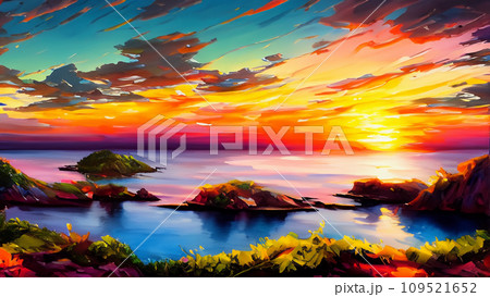 夕焼けの南国の島の風景画のイラスト素材 [109521652] - PIXTA