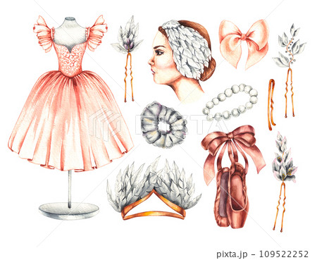 Watercolor ballet accessories and portrait of a ballerina 109522252