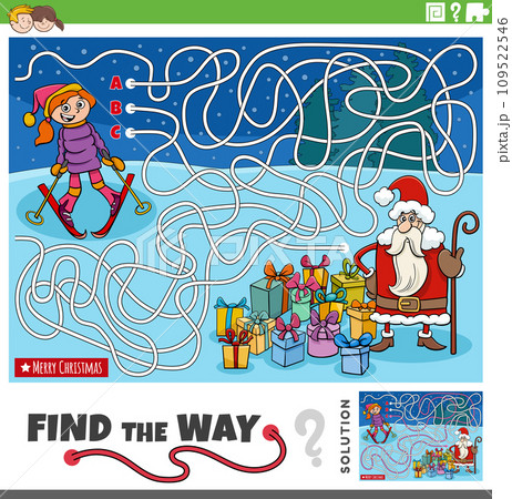 maze game with cartoon Santa Claus and skiing girl 109522546