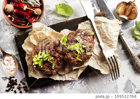 Pork cutlets from minced meat. Pan-fried meatballs. Healthy dinner for the family. 109522768