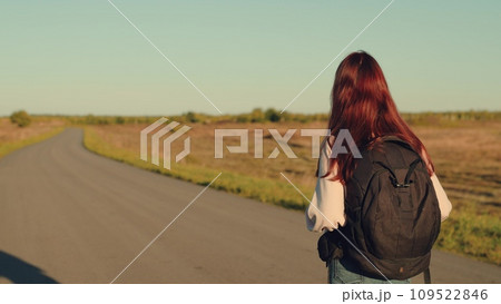 girl traveling with backpack sunset, family sun, hiking girl, people tourists, hipster millennial girl sunset raising her hands air, climbing mountain, winner success, looking view, enjoying holiday 109522846