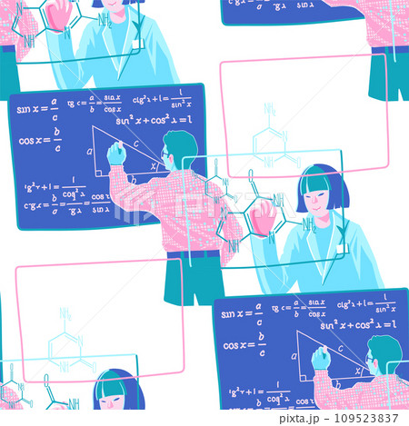 Seamless pattern of scientist and teacher writing formulas on the glass board and blackboard. 109523837
