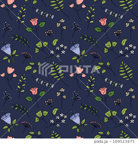 Floral pattern vector seamless background. Cute hand drawn flowers, leaf elements. Decorative plants repeat illustration 109523875