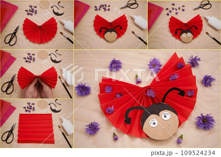 Collage with step-by-step process creation Ladybug from paper and flowers. Red love symbol. Children's hand-made paperwork for Valentine's day feast. 109524234