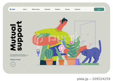 Mutual Support: Look after neighbor's house -modern flat vector concept illustration of man watering plants, looking after neighbors' cat A metaphor of voluntary, collaborative exchanges of services 109524259