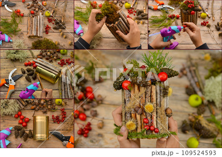 Collage autumn craft with kids. How to make autumn floral decorations. made of natural materials and old tin can, zero waste Collage autumn craft with kids. How to make autumn floral decorations. made of natural materials and old tin can, zero waste 109524593