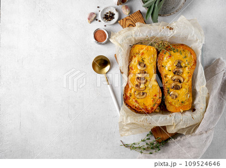 Butternut Roast with cream and Mushroom Stuffing. copy space 109524646