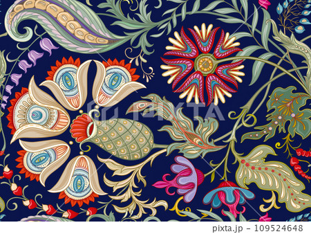 Fantasy flowers in retro, vintage, jacobean embroidery style 109524648