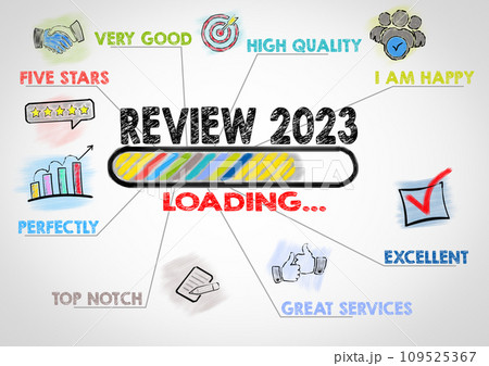 Review 2023 Concept. Chart with keywords and icons on gray background 109525367