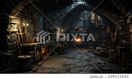 Old cellar or vintage house room, medieval workshop interior. Inside dark stone storage with fireplace. Concept of home, production, wood, basement, fantasy 109525689