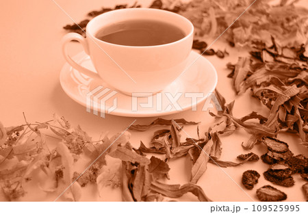 herbal tea in a white cup for beauty and health, dried herbs, linden flowers and strawberries lie around. Peach fuzz is color of year 2024 tinted image herbal tea in a white cup for beauty and health, dried herbs, linden flowers and strawberries lie around. Peach fuzz is color of year 2024 tinted image 109525995