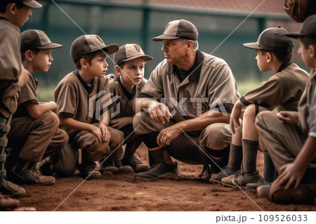 AI-generated content. Coach explaining the game plan for kids team 109526033