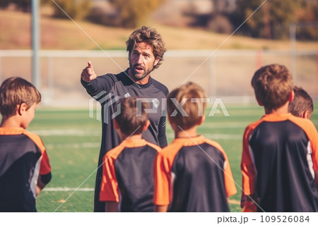AI-generated content. Coach explaining the game plan for kids team 109526084