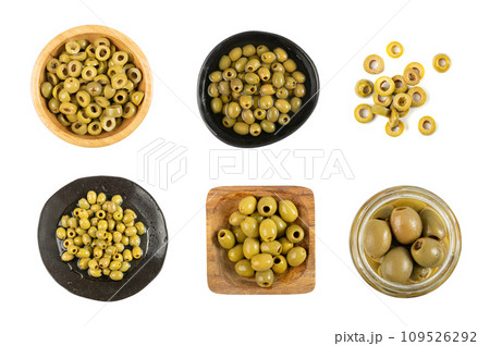 Green Pickled Olives Isolated, Olive Pickles, Pitted Fermented Olives Green Pickled Olives Isolated, Olive Pickles, Pitted Fermented Olives 109526292
