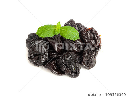 Dry Plums Isolated, Dried Black Fruits, Prune Group, Dry Plum Fruit on White Background Dry Plums Isolated, Dried Black Fruits, Prune Group, Dry Plum Fruit on White Background 109526360