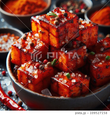 photo of Grilled transparent ice cubes on grill with spicy souce on brush . blurred street crowd on background photo of Grilled transparent ice cubes on grill with spicy souce on brush . blurred street crowd on background 109527158