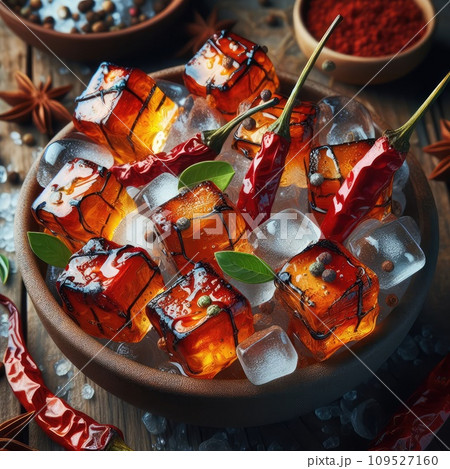 photo of Grilled transparent ice cubes on grill with spicy souce on brush . blurred street crowd on background photo of Grilled transparent ice cubes on grill with spicy souce on brush . blurred street crowd on background 109527160