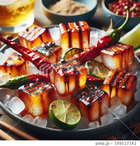 photo of Grilled transparent ice cubes on grill with spicy souce on brush . blurred street crowd on background photo of Grilled transparent ice cubes on grill with spicy souce on brush . blurred street crowd on background 109527161