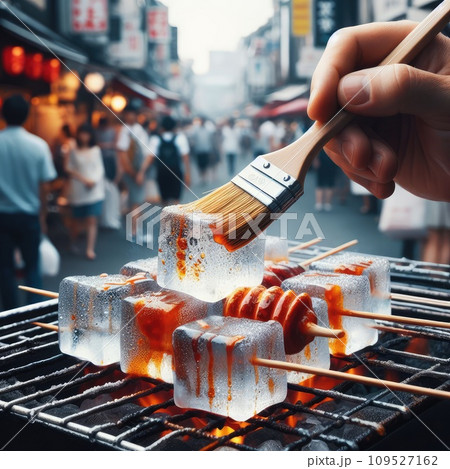 photo of Grilled transparent ice cubes on grill with spicy souce on brush . blurred street crowd on background photo of Grilled transparent ice cubes on grill with spicy souce on brush . blurred street crowd on background 109527162