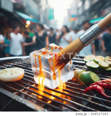 photo of Grilled transparent ice cubes on grill with spicy souce on brush . blurred street crowd on background photo of Grilled transparent ice cubes on grill with spicy souce on brush . blurred street crowd on background 109527163