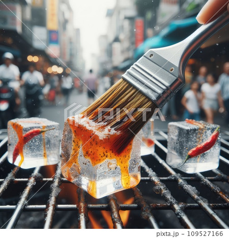 photo of Grilled transparent ice cubes on grill with spicy souce on brush . blurred street crowd on background photo of Grilled transparent ice cubes on grill with spicy souce on brush . blurred street crowd on background 109527166
