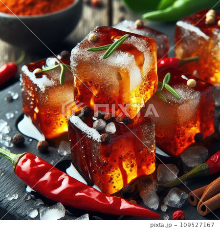 photo of Grilled transparent ice cubes on grill with spicy souce on brush . blurred street crowd on background photo of Grilled transparent ice cubes on grill with spicy souce on brush . blurred street crowd on background 109527167