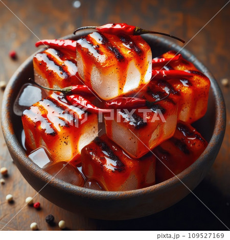 photo of Grilled transparent ice cubes on grill with spicy souce on brush . blurred street crowd on background photo of Grilled transparent ice cubes on grill with spicy souce on brush . blurred street crowd on background 109527169
