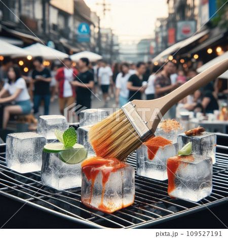 photo of Grilled transparent ice cubes on grill with spicy souce on brush . blurred street crowd on background photo of Grilled transparent ice cubes on grill with spicy souce on brush . blurred street crowd on background 109527191