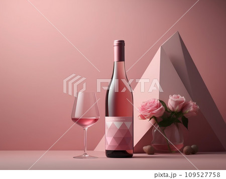 Wine bottle and glass on a pink background. 3d rendering for valentine day and celebration Wine bottle and glass on a pink background. 3d rendering for valentine day and celebration 109527758