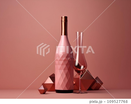 Wine bottle and glass on a pink background. 3d rendering for valentine day and celebration  109527768