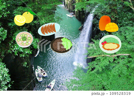 宮崎県　観光イメージ　高千穂峡と名物 109528319
