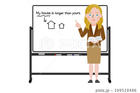 黒フレームの移動式ホワイトボードの前に立って英語の授業をしている欧米人女性教師 109528486