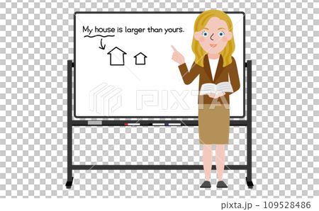 一位西方女老師站在黑框移動白板前教授英文課 109528486
