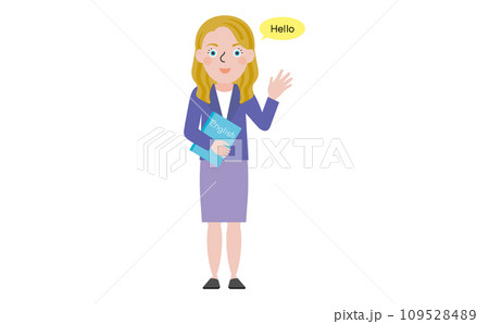 英語の教科書を持って英語で挨拶をしているスーツ姿の欧米人女性教師 109528489
