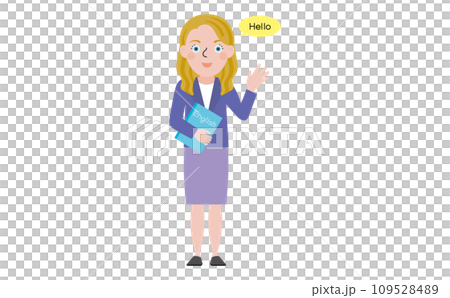 英語の教科書を持って英語で挨拶をしているスーツ姿の欧米人女性教師 109528489