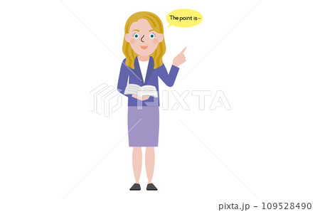 開いた本を持って英語で説明をしているスーツ姿の欧米人女性教師 109528490