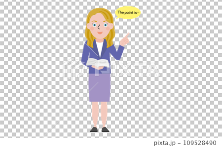 開いた本を持って英語で説明をしているスーツ姿の欧米人女性教師 109528490