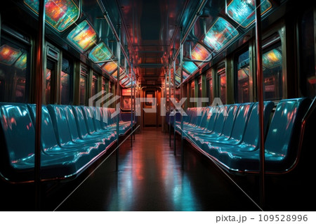 AI-generated content. Empty seats on the subway cinematic lighting, white neon. Generative AI 109528996