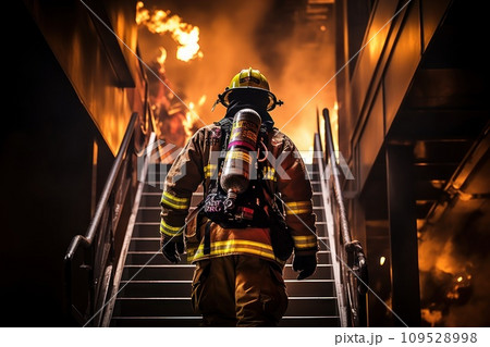 AI-generated content. Firefighter in full gear walking up stairway severe fire. Generative AI 109528998